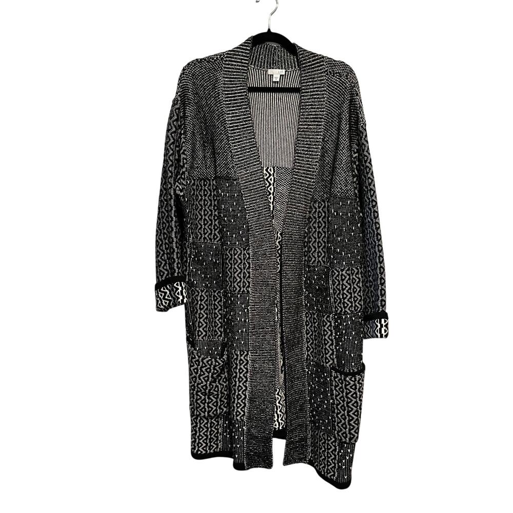 J. Jill Sweater‎ Open Front Cardigan Duster Black White Patchwork Wool Blend XL